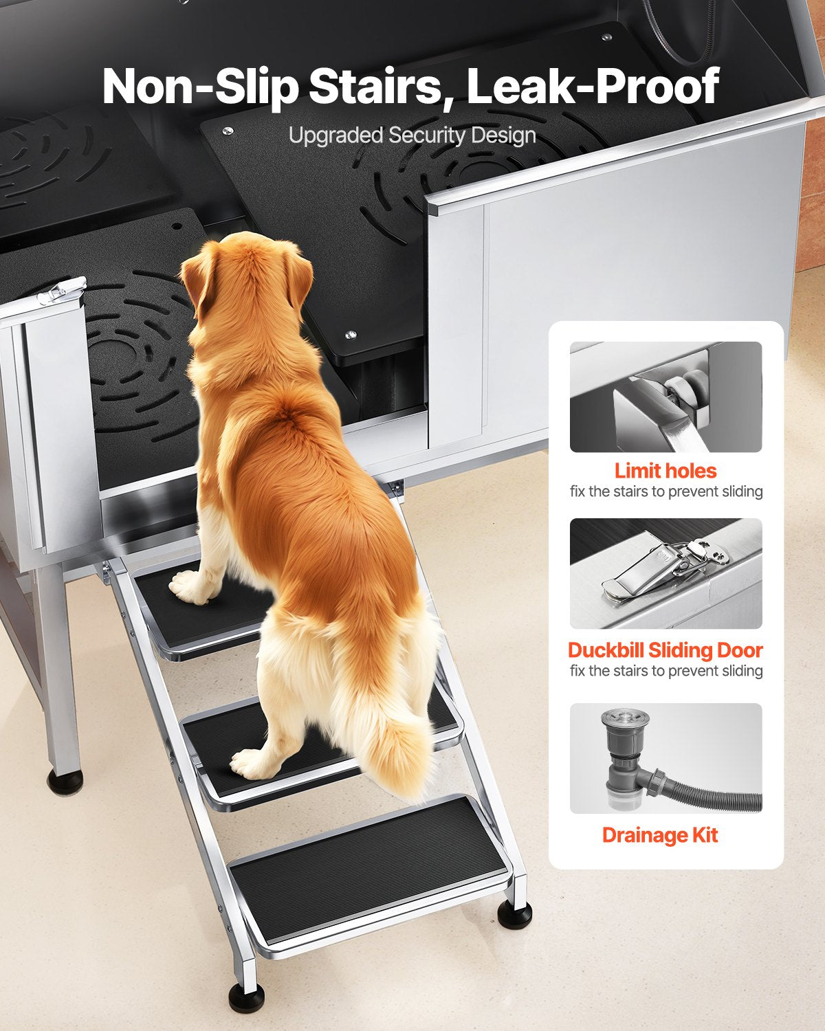 VEVOR Stainless Steel Dog Washing Station, 50 inch Pet Grooming Tub w/ Stairs, PE Water Filter Board, Faucet & Showerhead & Soap Holder Dog Bathtub for Large & Medium & Small Pets (Left Door) - BXGCWYG50CSLNZPKYV0 - view 4