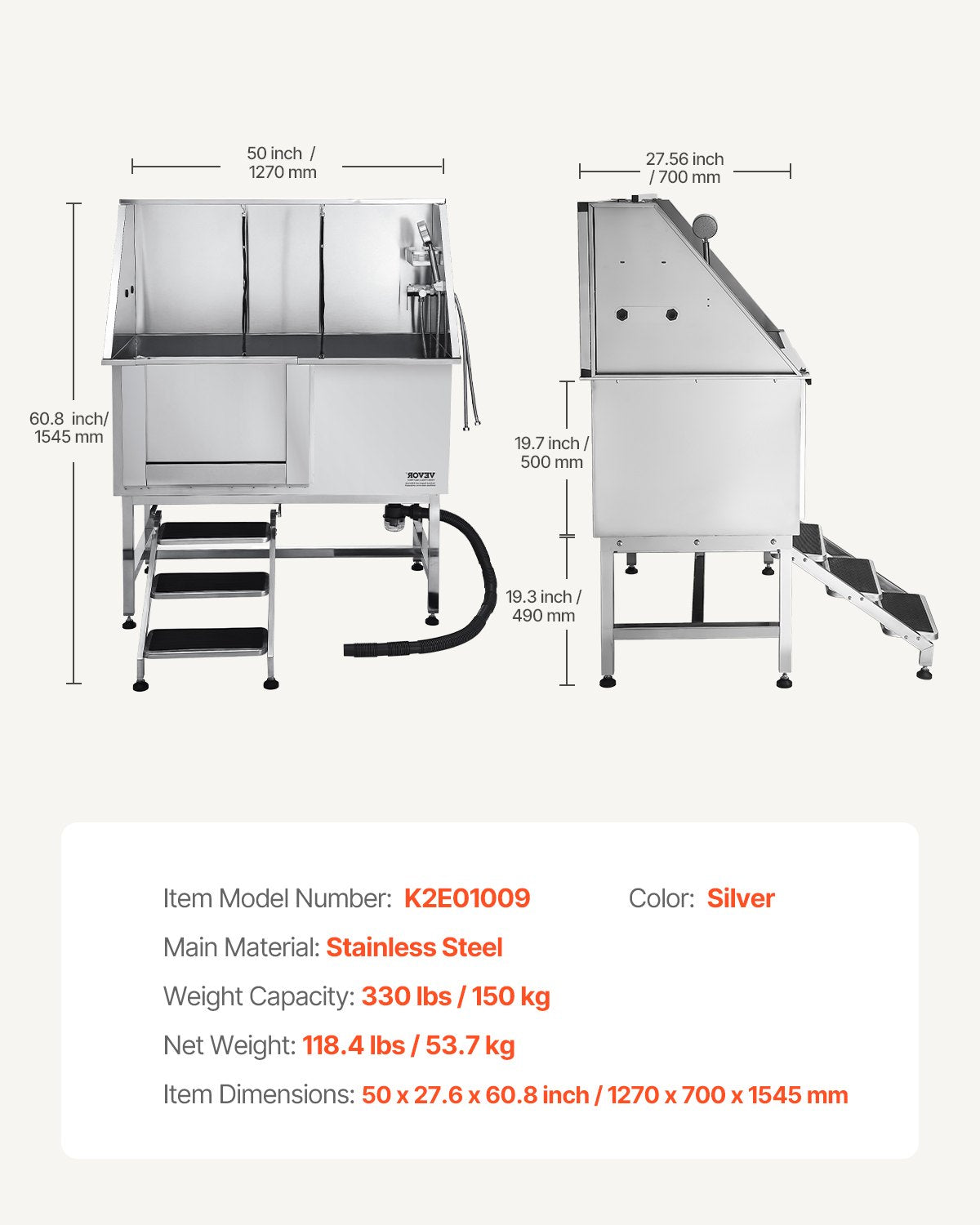 VEVOR Stainless Steel Dog Washing Station, 50 inch Pet Grooming Tub w/ Stairs, PE Water Filter Board, Faucet & Showerhead & Soap Holder Dog Bathtub for Large & Medium & Small Pets (Left Door) - BXGCWYG50CSLNZPKYV0 - view 8