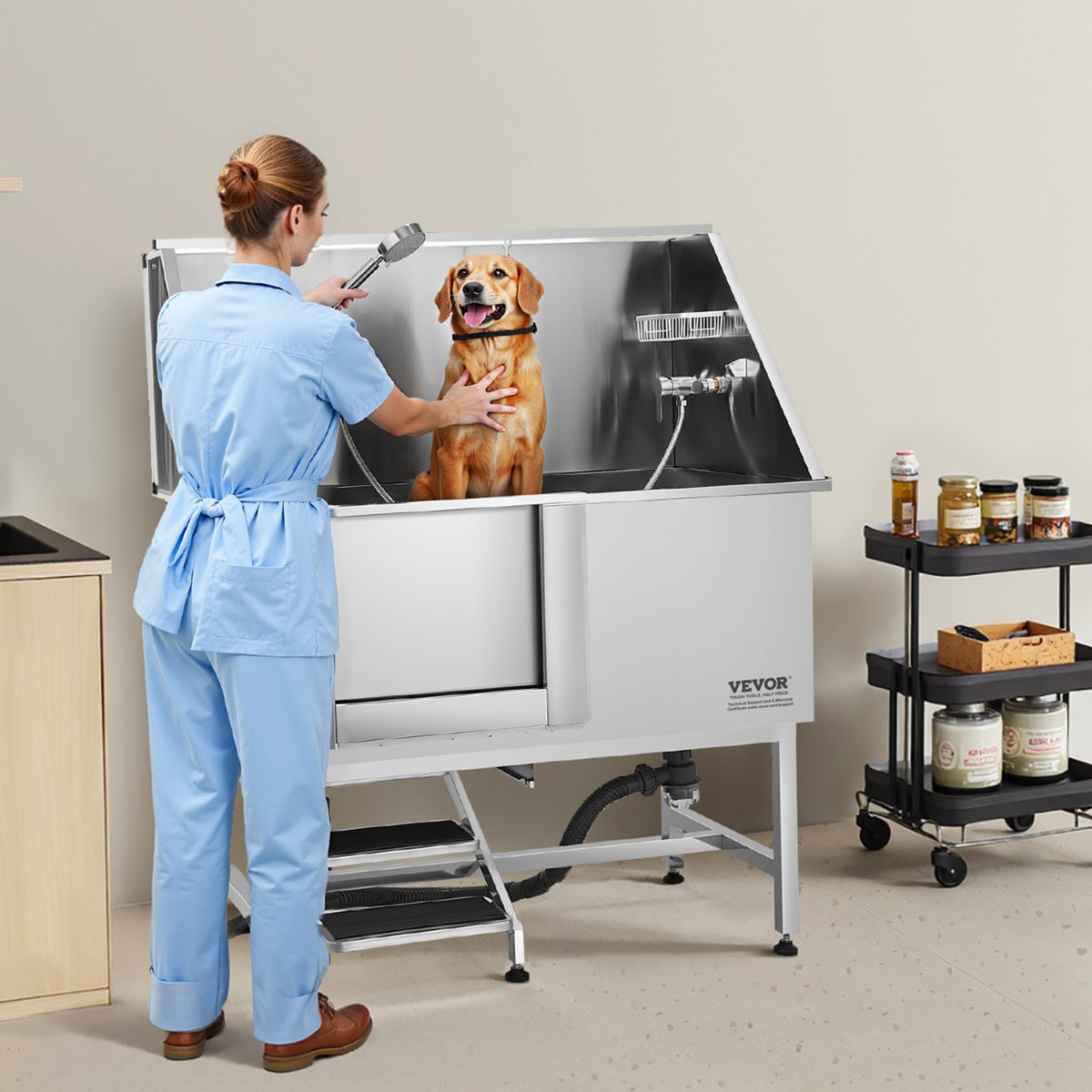 VEVOR Stainless Steel Dog Washing Station, 50 inch Pet Grooming Tub w/ Stairs, PE Water Filter Board, Faucet & Showerhead & Soap Holder Dog Bathtub for Large & Medium & Small Pets (Left Door) - BXGCWYG50CSLNZPKYV0 - view 9