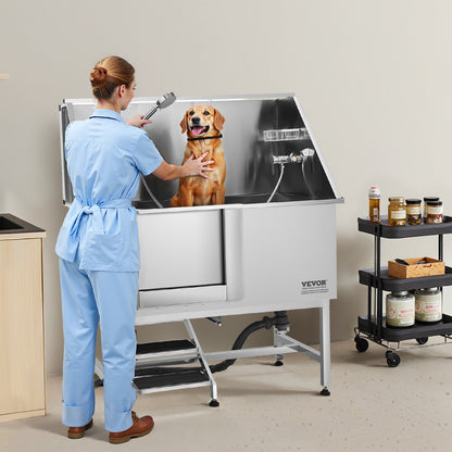 VEVOR Stainless Steel Dog Washing Station, 50 inch Pet Grooming Tub w/ Stairs, PE Water Filter Board, Faucet & Showerhead & Soap Holder Dog Bathtub for Large & Medium & Small Pets (Left Door) - BXGCWYG50CSLNZPKYV0 - view 9