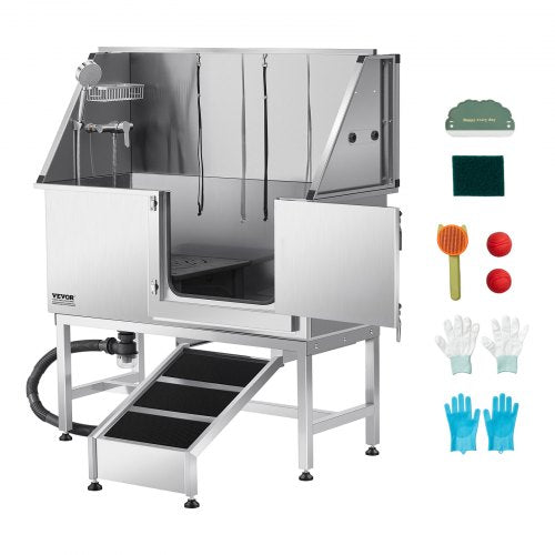 VEVOR Stainless Steel Dog Washing Station, 50 inch Pet Grooming Tub w/ Ramp, PE Water Filter Board, Faucet & Showerhead & Soap Holder Dog Bathtub for Large & Medium & Small Pets (Right Door) - BXGCWYG50CSLO0P1YV0 - view 2