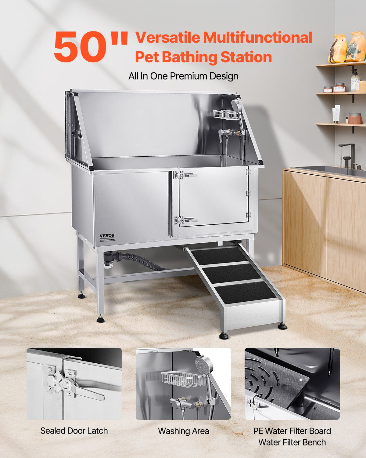 VEVOR Stainless Steel Dog Washing Station, 50 inch Pet Grooming Tub w/ Ramp, PE Water Filter Board, Faucet & Showerhead & Soap Holder Dog Bathtub for Large & Medium & Small Pets (Right Door) - BXGCWYG50CSLO0P1YV0 - view 3