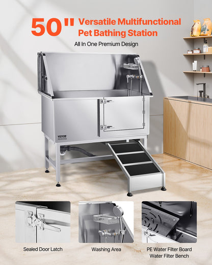 VEVOR Stainless Steel Dog Washing Station, 50 inch Pet Grooming Tub w/ Ramp, PE Water Filter Board, Faucet & Showerhead & Soap Holder Dog Bathtub for Large & Medium & Small Pets (Right Door) - BXGCWYG50CSLO0P1YV0 - view 3
