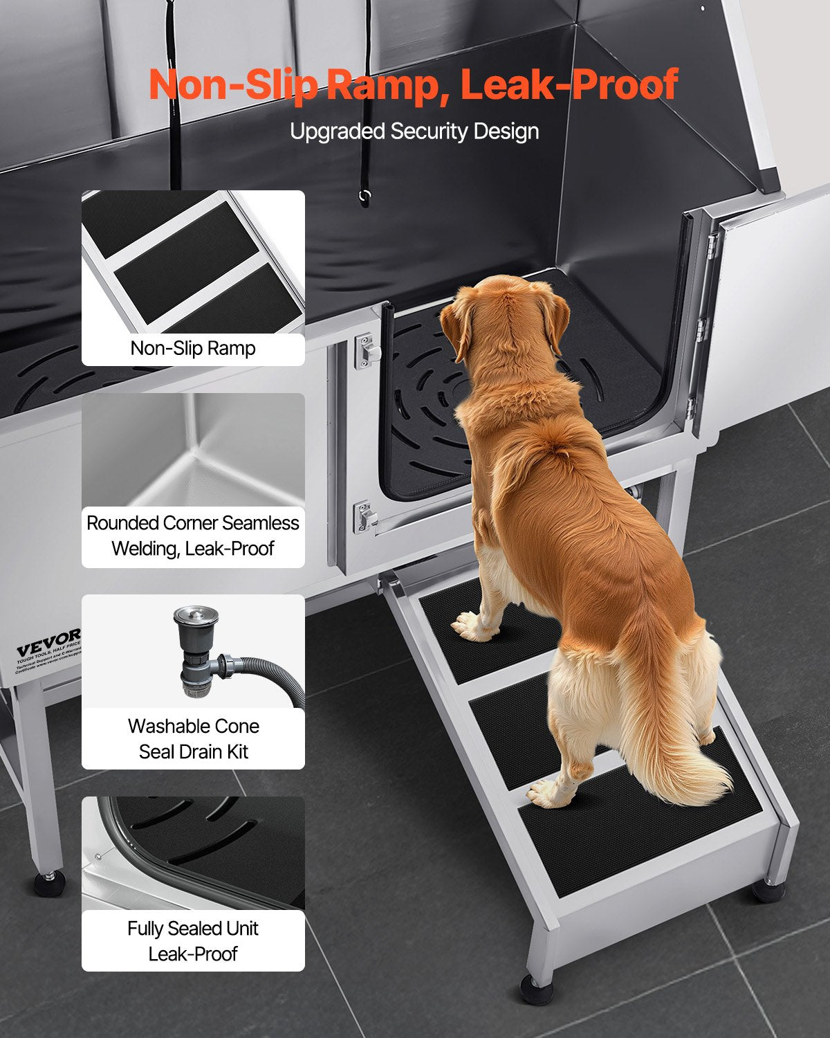 VEVOR Stainless Steel Dog Washing Station, 50 inch Pet Grooming Tub w/ Ramp, PE Water Filter Board, Faucet & Showerhead & Soap Holder Dog Bathtub for Large & Medium & Small Pets (Right Door) - BXGCWYG50CSLO0P1YV0 - view 4