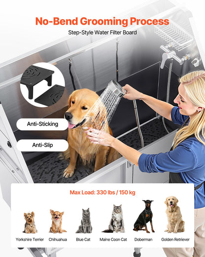VEVOR Stainless Steel Dog Washing Station, 50 inch Pet Grooming Tub w/ Ramp, PE Water Filter Board, Faucet & Showerhead & Soap Holder Dog Bathtub for Large & Medium & Small Pets (Right Door) - BXGCWYG50CSLO0P1YV0 - view 5