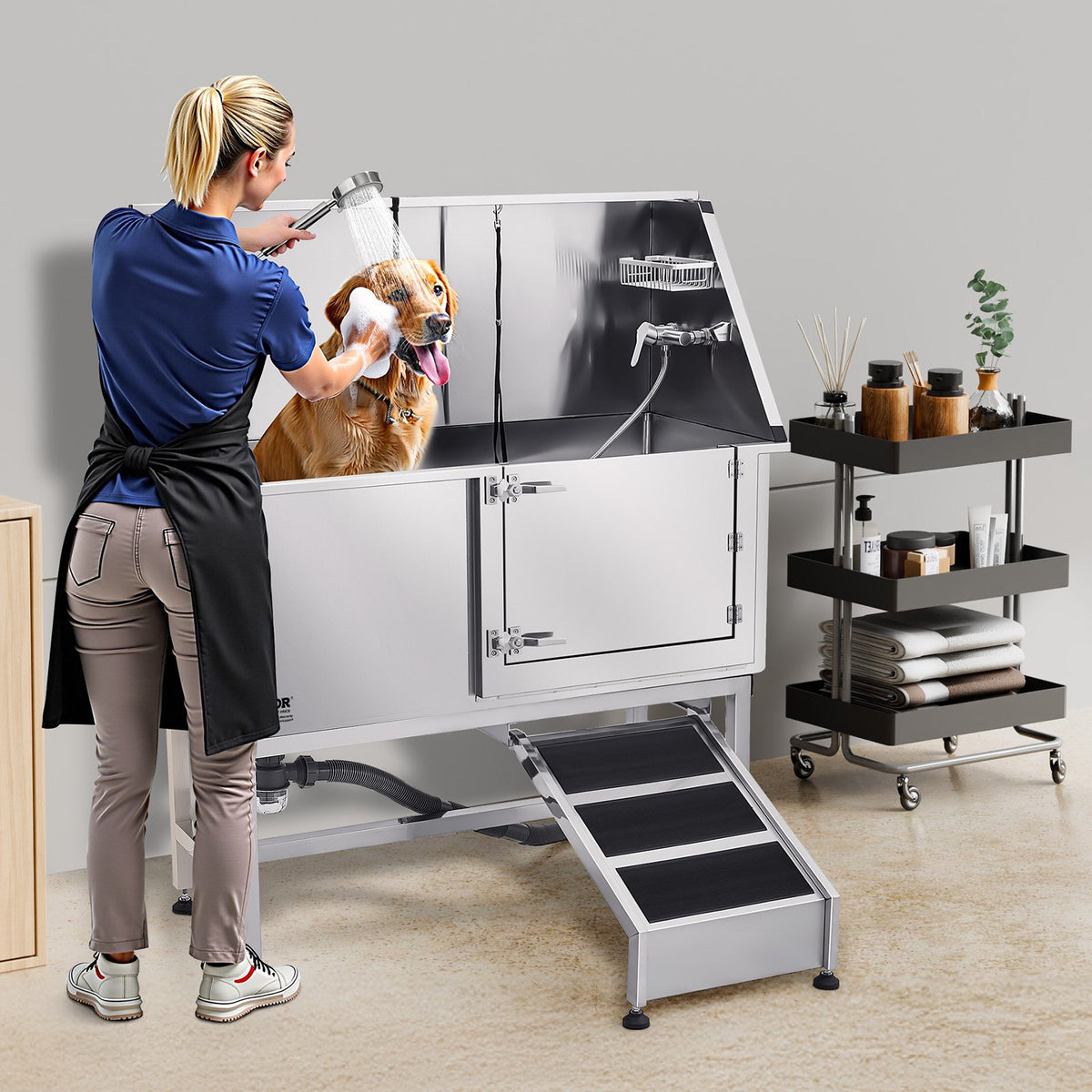 VEVOR Stainless Steel Dog Washing Station, 50 inch Pet Grooming Tub w/ Ramp, PE Water Filter Board, Faucet & Showerhead & Soap Holder Dog Bathtub for Large & Medium & Small Pets (Right Door) - BXGCWYG50CSLO0P1YV0 - view 9