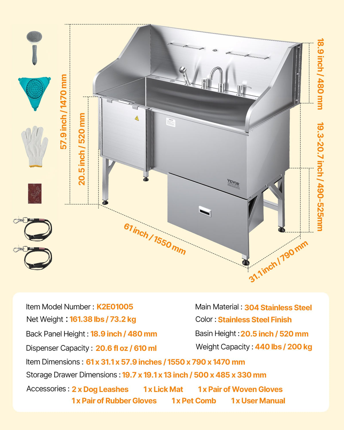 VEVOR 304 Stainless Steel Dog Washing Station, 61 Inch Pet Grooming Tub with Non-Slip Low-Slope Ramp, Storage Drawer, Hot & Cold Faucet, All-in-One Bath for Grooming Shop, Fits All Sizes (Left Door) - BXGCWYG61CPDA9RVTV0 - view 8