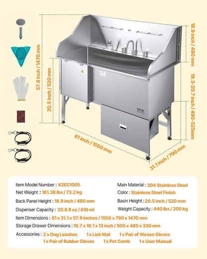 VEVOR 304 Stainless Steel Dog Washing Station, 61 Inch Pet Grooming Tub with Non-Slip Low-Slope Ramp, Storage Drawer, Hot & Cold Faucet, All-in-One Bath for Grooming Shop, Fits All Sizes (Left Door) - BXGCWYG61CPDA9RVTV0 - view 8