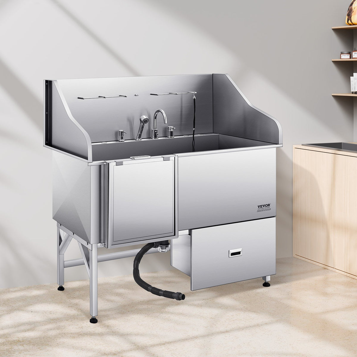 VEVOR 304 Stainless Steel Dog Washing Station, 61 Inch Pet Grooming Tub with Non-Slip Low-Slope Ramp, Storage Drawer, Hot & Cold Faucet, All-in-One Bath for Grooming Shop, Fits All Sizes (Left Door) - BXGCWYG61CPDA9RVTV0 - view 9