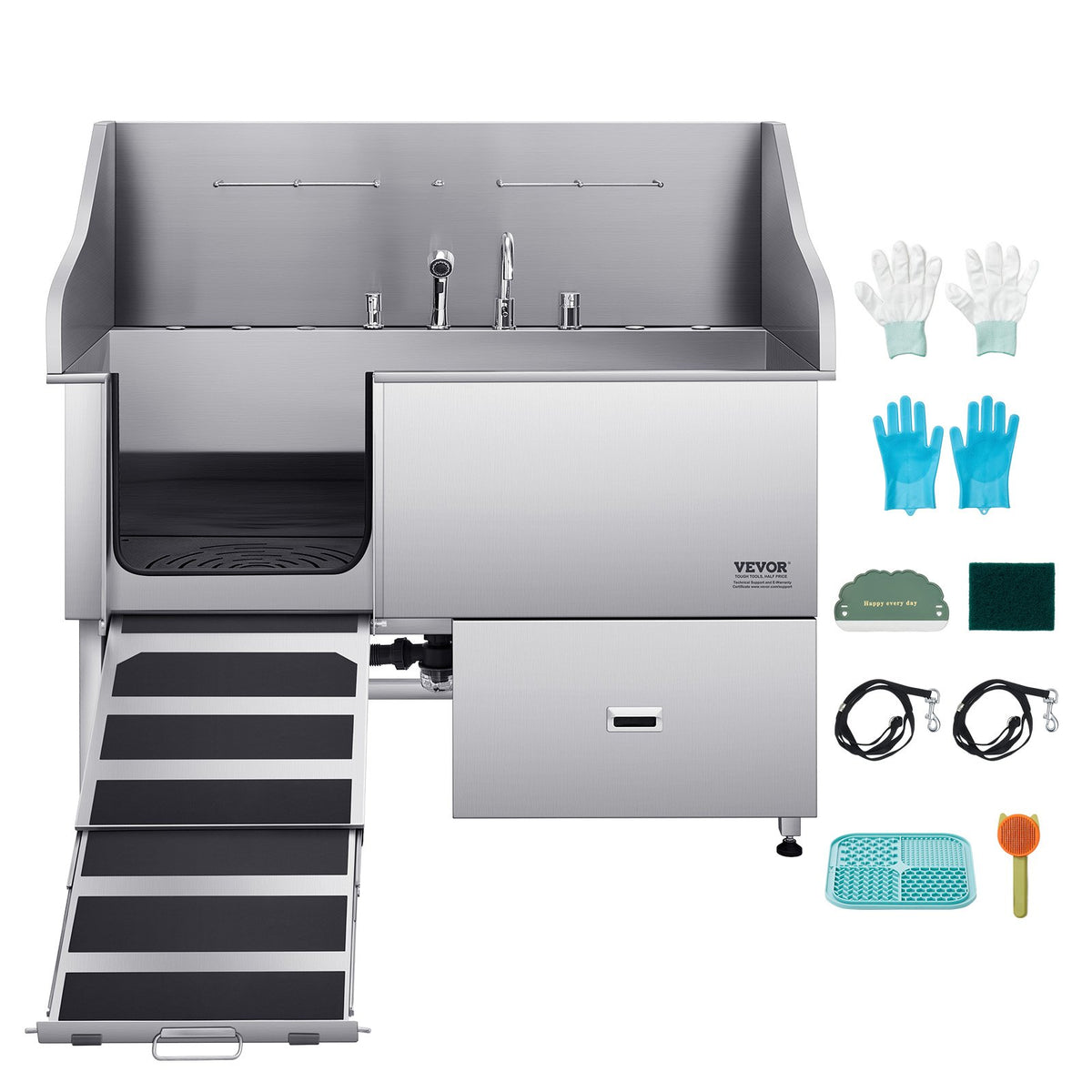 VEVOR 304 Stainless Steel Dog Washing Station, 61 Inch Pet Grooming Tub with Non-Slip Low-Slope Ramp, Storage Drawer, Hot & Cold Faucet, All-in-One Bath for Grooming Shop, Fits All Sizes (Left Door) - BXGCWYG61CPDA9RVTV0 - view 10