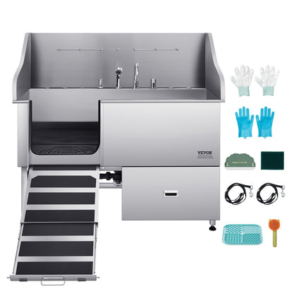 VEVOR 304 Stainless Steel Dog Washing Station, 61 Inch Pet Grooming Tub with Non-Slip Low-Slope Ramp, Storage Drawer, Hot & Cold Faucet, All-in-One Bath for Grooming Shop, Fits All Sizes (Left Door) - BXGCWYG61CPDA9RVTV0 - view 10