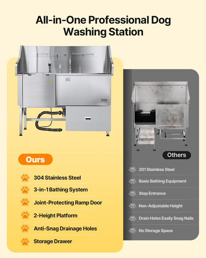 VEVOR Stainless Steel Dog Washing Station, 61 inch Pet Grooming Tub w/ Ramp, Water Filter Board, Faucet & Showerhead & Leash Dog Bathtub for Large & Medium & Small Pets (Right Door) - BXGCWYG61CPDIM12TV0 - view 3