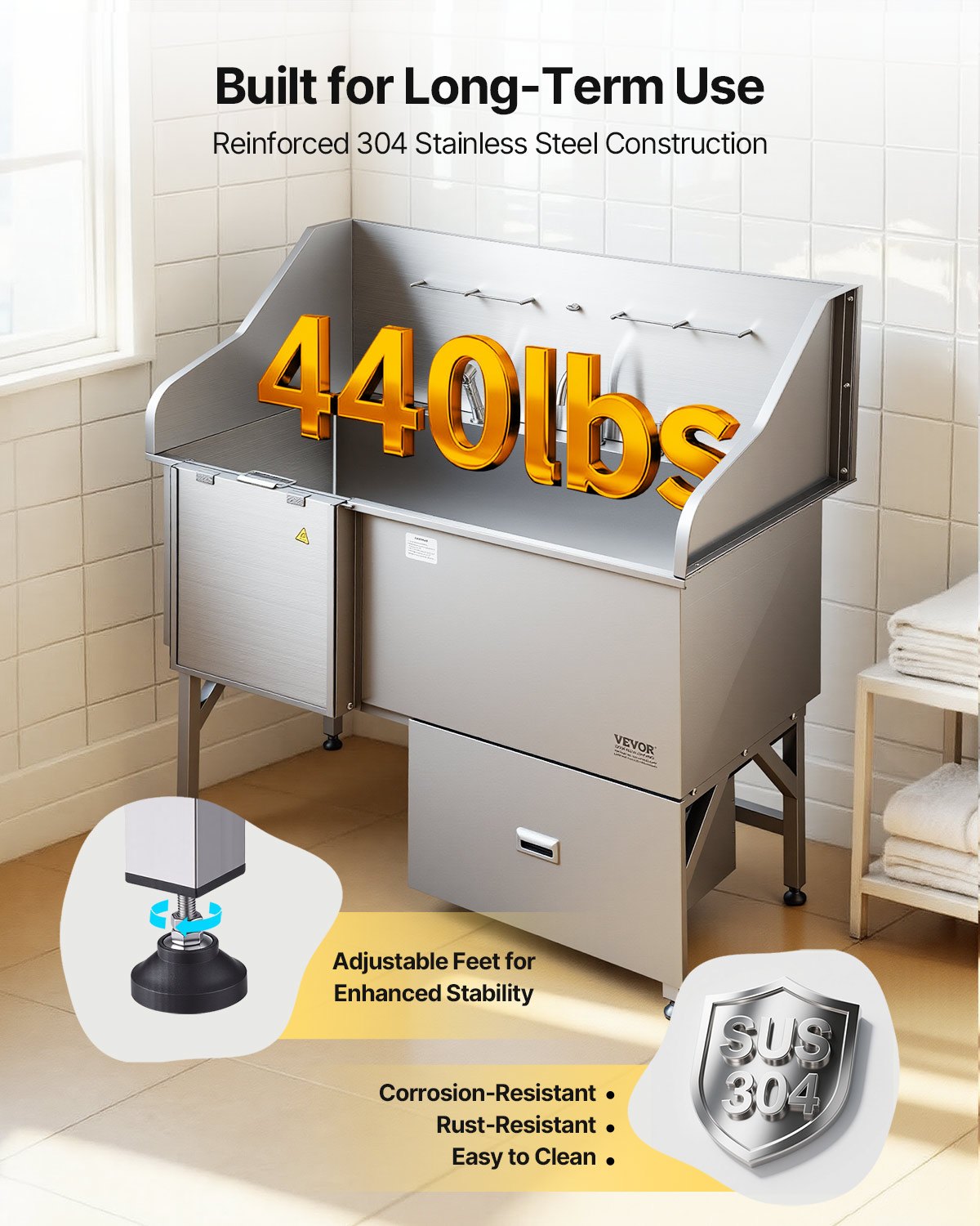 VEVOR Stainless Steel Dog Washing Station, 61 inch Pet Grooming Tub w/ Ramp, Water Filter Board, Faucet & Showerhead & Leash Dog Bathtub for Large & Medium & Small Pets (Right Door) - BXGCWYG61CPDIM12TV0 - view 7