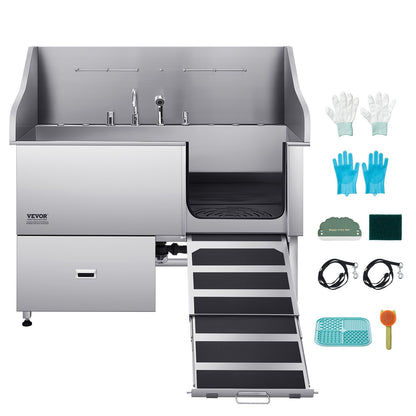 VEVOR Stainless Steel Dog Washing Station, 61 inch Pet Grooming Tub w/ Ramp, Water Filter Board, Faucet & Showerhead & Leash Dog Bathtub for Large & Medium & Small Pets (Right Door) - BXGCWYG61CPDIM12TV0 - view 10