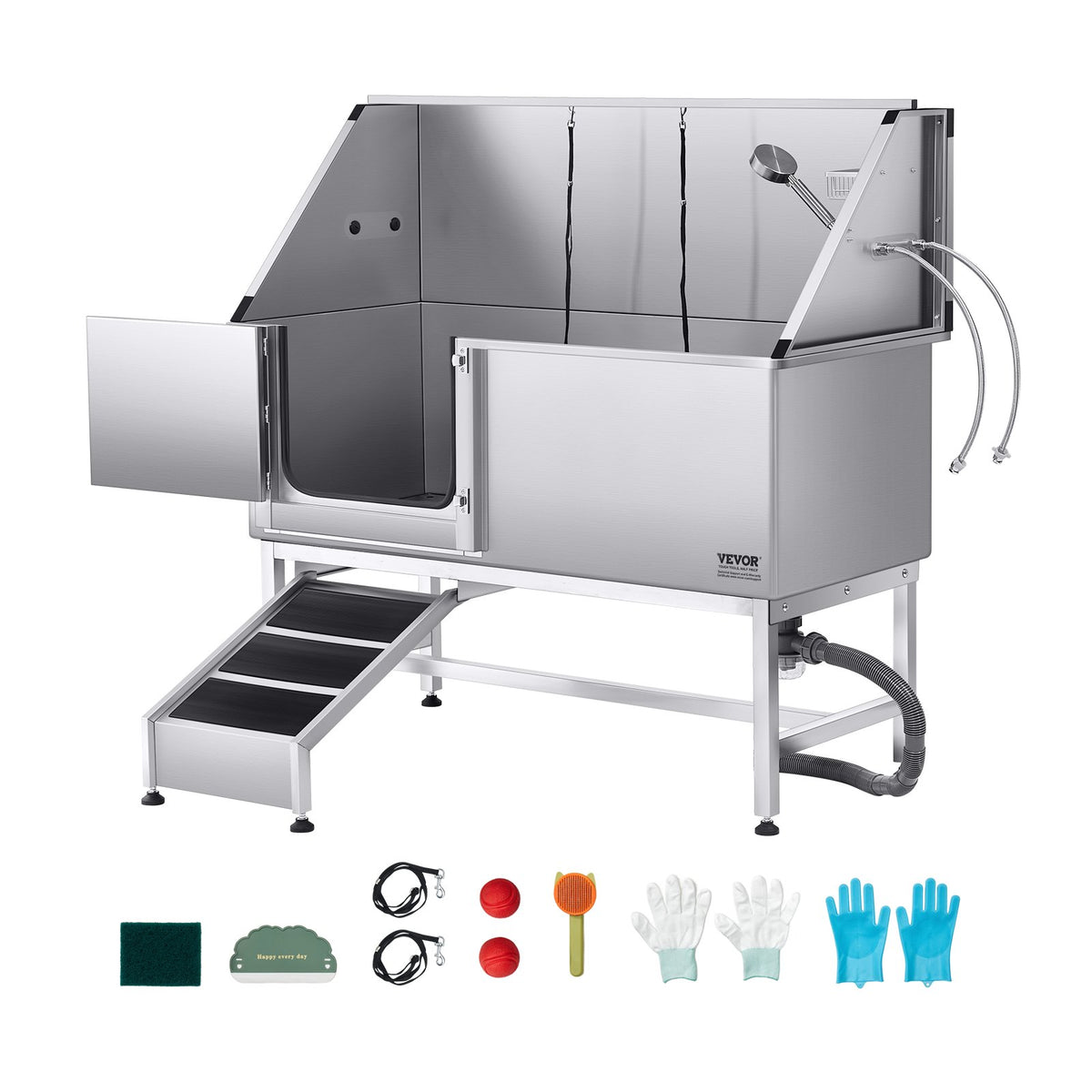VEVOR Stainless Steel Dog Washing Station, 62 inch Pet Grooming Tub w/ Ramp, PE Water Filter Board, Faucet & Showerhead & Soap Holder Dog Bathtub for Large & Medium & Small Pets (Left Door) - BXGCWYG62CSL5T713V0 - view 1