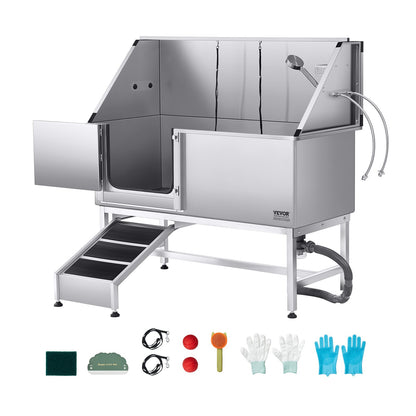 VEVOR Stainless Steel Dog Washing Station, 62 inch Pet Grooming Tub w/ Ramp, PE Water Filter Board, Faucet & Showerhead & Soap Holder Dog Bathtub for Large & Medium & Small Pets (Left Door) - BXGCWYG62CSL5T713V0 - view 1