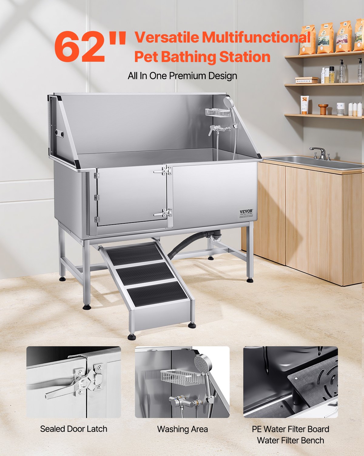 VEVOR Stainless Steel Dog Washing Station, 62 inch Pet Grooming Tub w/ Ramp, PE Water Filter Board, Faucet & Showerhead & Soap Holder Dog Bathtub for Large & Medium & Small Pets (Left Door) - BXGCWYG62CSL5T713V0 - view 3