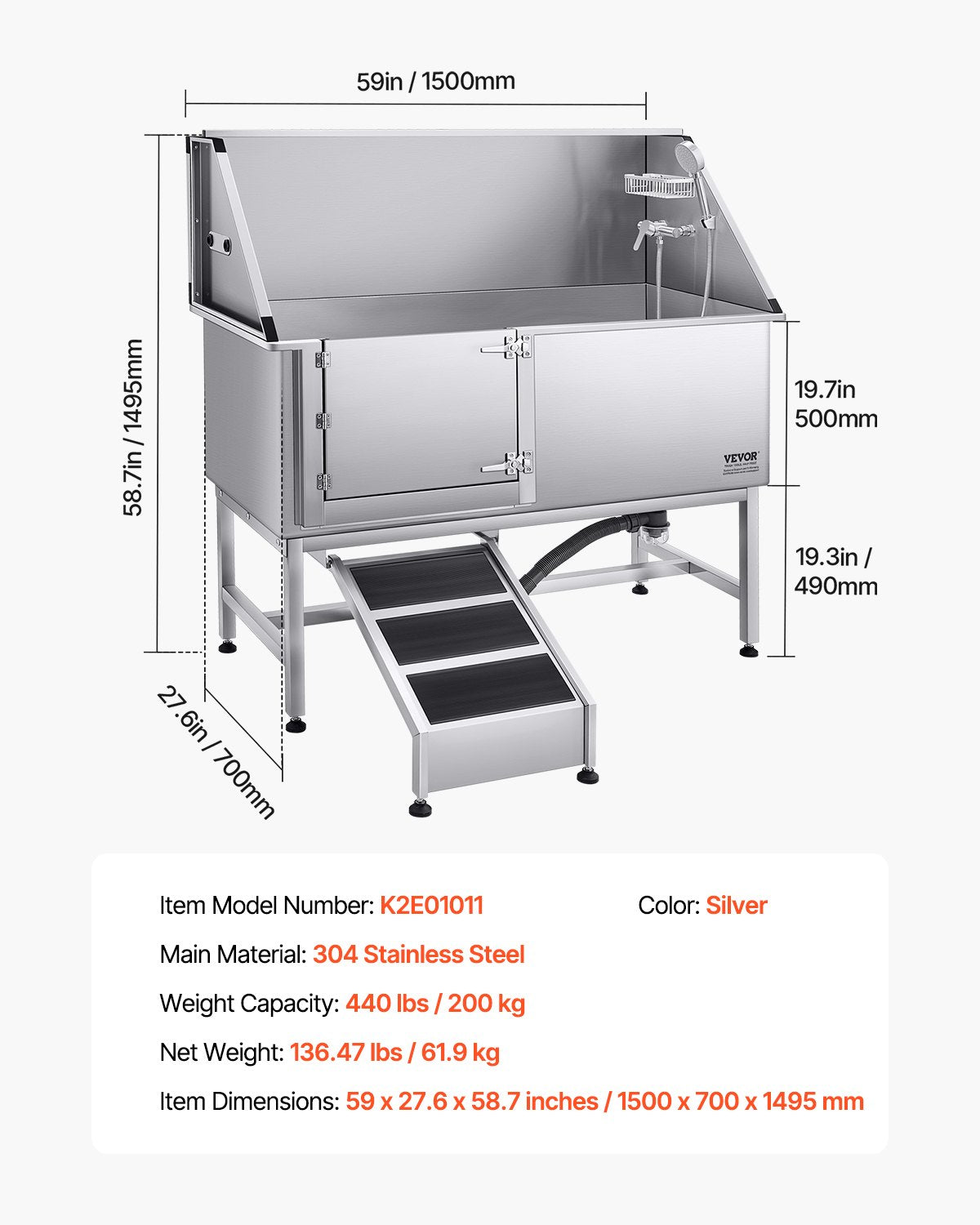 VEVOR Stainless Steel Dog Washing Station, 62 inch Pet Grooming Tub w/ Ramp, PE Water Filter Board, Faucet & Showerhead & Soap Holder Dog Bathtub for Large & Medium & Small Pets (Left Door) - BXGCWYG62CSL5T713V0 - view 8