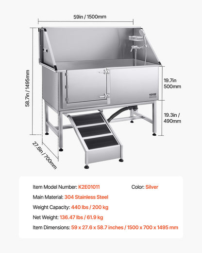VEVOR Stainless Steel Dog Washing Station, 62 inch Pet Grooming Tub w/ Ramp, PE Water Filter Board, Faucet & Showerhead & Soap Holder Dog Bathtub for Large & Medium & Small Pets (Left Door) - BXGCWYG62CSL5T713V0 - view 8