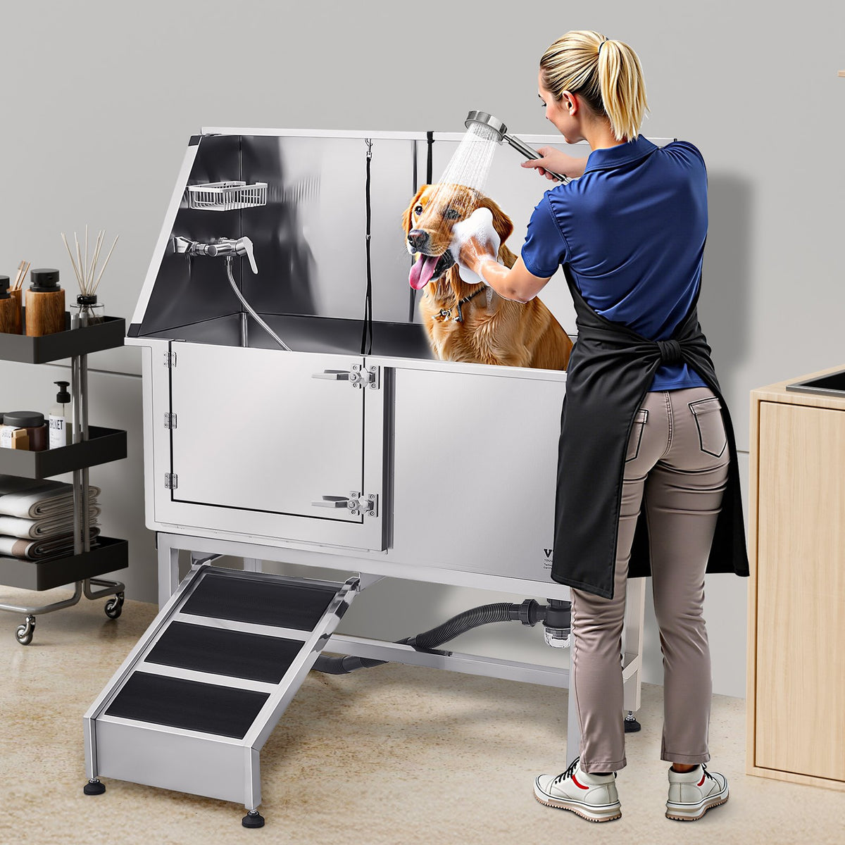VEVOR Stainless Steel Dog Washing Station, 62 inch Pet Grooming Tub w/ Ramp, PE Water Filter Board, Faucet & Showerhead & Soap Holder Dog Bathtub for Large & Medium & Small Pets (Left Door) - BXGCWYG62CSL5T713V0 - view 9