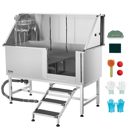VEVOR Stainless Steel Dog Washing Station, 62 inch Pet Grooming Tub w/ Stairs, PE Water Filter Board, Faucet & Showerhead & Soap Holder Dog Bathtub for Large & Medium & Small Pets (Right Door) - BXGCWYG62CSL9SXZIV0 - view 1