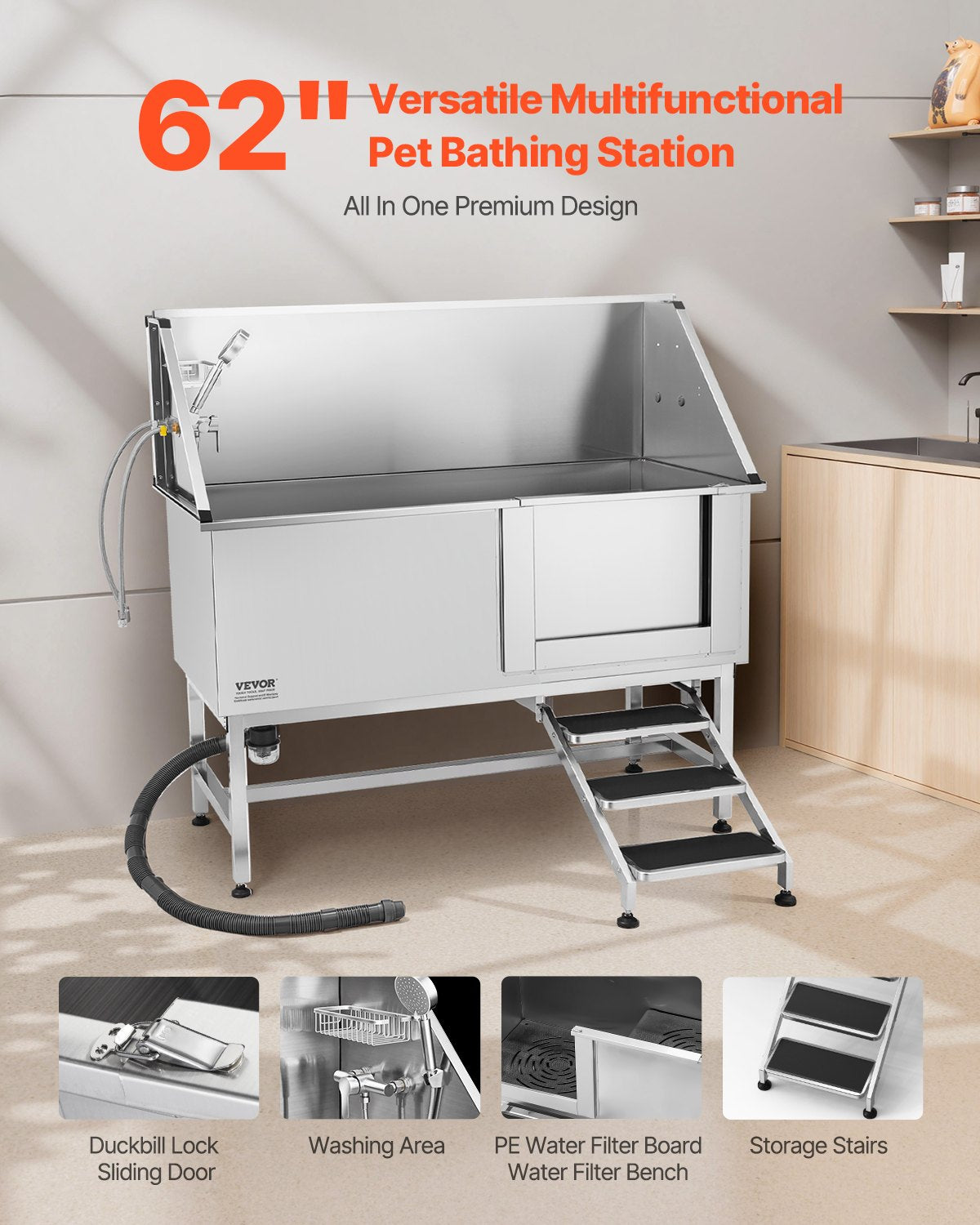 VEVOR Stainless Steel Dog Washing Station, 62 inch Pet Grooming Tub w/ Stairs, PE Water Filter Board, Faucet & Showerhead & Soap Holder Dog Bathtub for Large & Medium & Small Pets (Right Door) - BXGCWYG62CSL9SXZIV0 - view 3