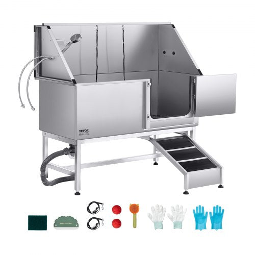 VEVOR Stainless Steel Dog Washing Station, 62 inch Pet Grooming Tub w/ Ramp, PE Water Filter Board, Faucet & Showerhead & Soap Holder Dog Bathtub for Large & Medium & Small Pets (Right Door) - BXGCWYG62CSLS01HRV0 - view 2