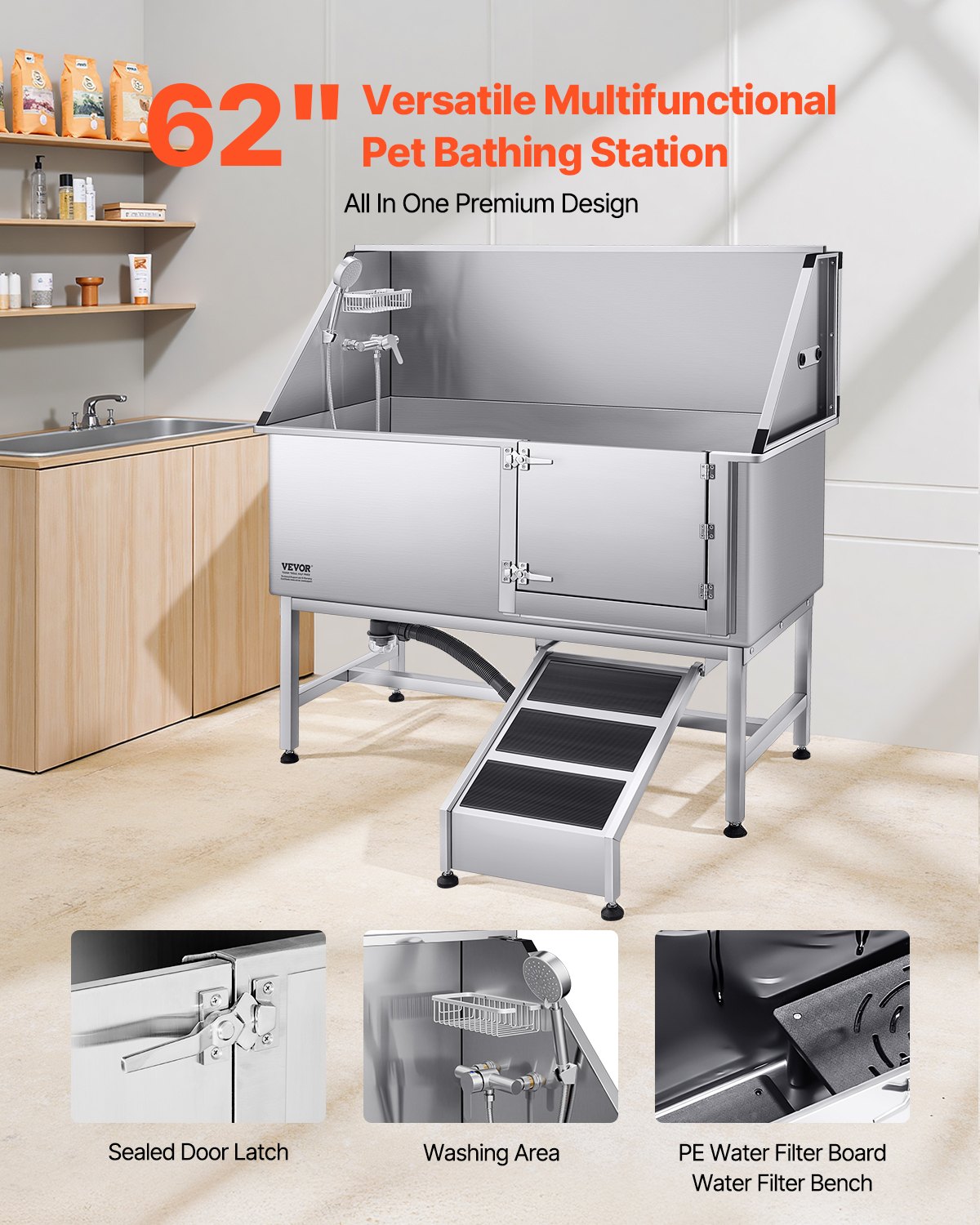 VEVOR Stainless Steel Dog Washing Station, 62 inch Pet Grooming Tub w/ Ramp, PE Water Filter Board, Faucet & Showerhead & Soap Holder Dog Bathtub for Large & Medium & Small Pets (Right Door) - BXGCWYG62CSLS01HRV0 - view 3