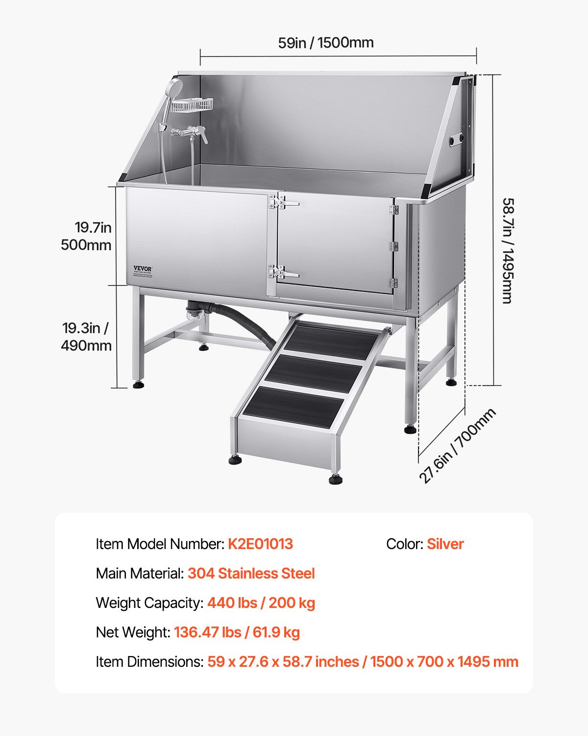VEVOR Stainless Steel Dog Washing Station, 62 inch Pet Grooming Tub w/ Ramp, PE Water Filter Board, Faucet & Showerhead & Soap Holder Dog Bathtub for Large & Medium & Small Pets (Right Door) - BXGCWYG62CSLS01HRV0 - view 8