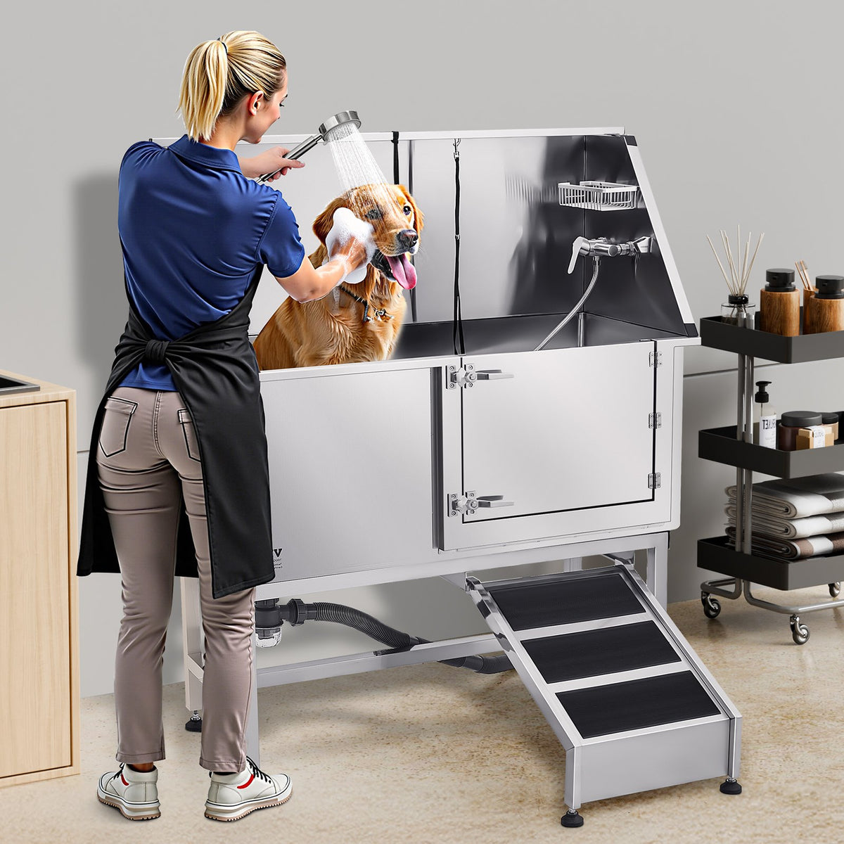 VEVOR Stainless Steel Dog Washing Station, 62 inch Pet Grooming Tub w/ Ramp, PE Water Filter Board, Faucet & Showerhead & Soap Holder Dog Bathtub for Large & Medium & Small Pets (Right Door) - BXGCWYG62CSLS01HRV0 - view 9