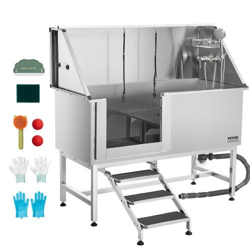 VEVOR Stainless Steel Dog Washing Station, 62 inch Pet Grooming Tub w/ Stairs, PE Water Filter Board, Faucet & Showerhead & Soap Holder Dog Bathtub for Large & Medium & Small Pets (Left Door) - BXGCWYG62CSLV4J32V0 - view 2