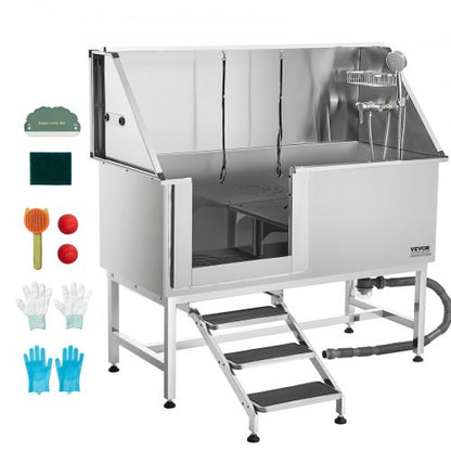 VEVOR Stainless Steel Dog Washing Station, 62 inch Pet Grooming Tub w/ Stairs, PE Water Filter Board, Faucet & Showerhead & Soap Holder Dog Bathtub for Large & Medium & Small Pets (Left Door) - BXGCWYG62CSLV4J32V0 - view 2
