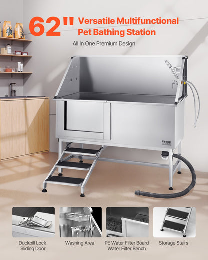 VEVOR Stainless Steel Dog Washing Station, 62 inch Pet Grooming Tub w/ Stairs, PE Water Filter Board, Faucet & Showerhead & Soap Holder Dog Bathtub for Large & Medium & Small Pets (Left Door) - BXGCWYG62CSLV4J32V0 - view 3