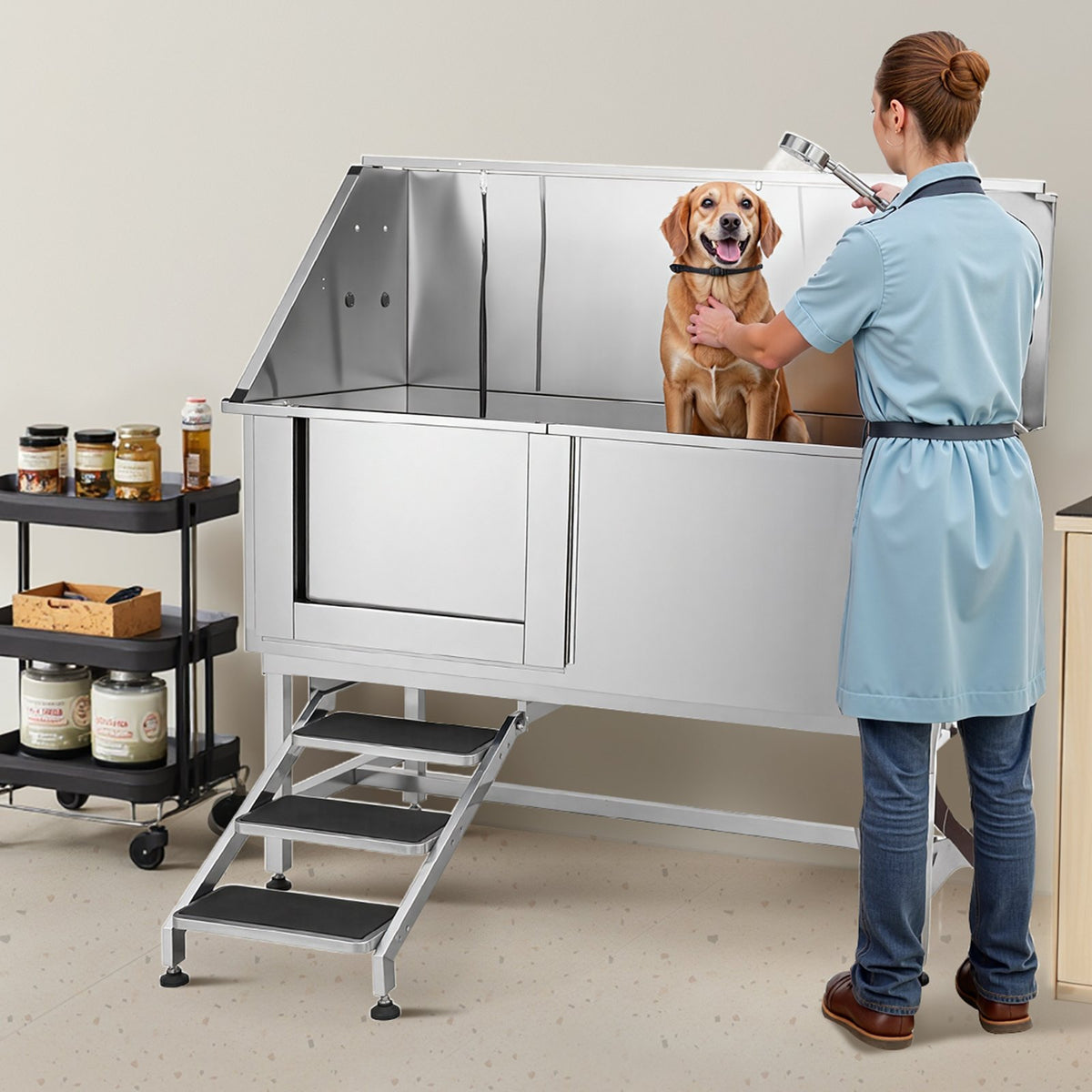 VEVOR Stainless Steel Dog Washing Station, 62 inch Pet Grooming Tub w/ Stairs, PE Water Filter Board, Faucet & Showerhead & Soap Holder Dog Bathtub for Large & Medium & Small Pets (Left Door) - BXGCWYG62CSLV4J32V0 - view 9