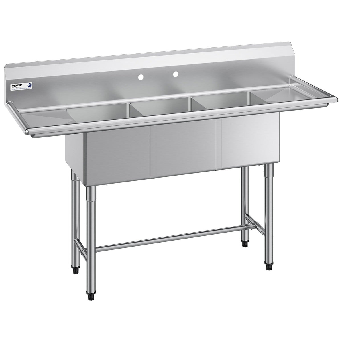 VEVOR 3 Compartment Sink, 18-Gauge 304 Stainless Steel, 14" x 16" x 11" Bowl Size, 3 Bay Commercial Kitchen Prep & Utility Sink with 2 Drainboards and Backsplash for Restaurant, Food Truck & Home Use - BXGDLSSCMSSC0BMHZ001V0 - view 1