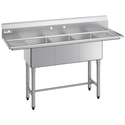 VEVOR 3 Compartment Sink, 18-Gauge 304 Stainless Steel, 14" x 16" x 11" Bowl Size, 3 Bay Commercial Kitchen Prep & Utility Sink with 2 Drainboards and Backsplash for Restaurant, Food Truck & Home Use - BXGDLSSCMSSC0BMHZ001V0 - view 1