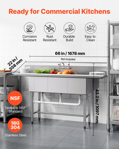 VEVOR 3 Compartment Sink, 18-Gauge 304 Stainless Steel, 14" x 16" x 11" Bowl Size, 3 Bay Commercial Kitchen Prep & Utility Sink with 2 Drainboards and Backsplash for Restaurant, Food Truck & Home Use - BXGDLSSCMSSC0BMHZ001V0 - view 3