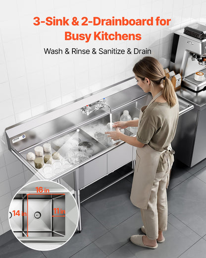VEVOR 3 Compartment Sink, 18-Gauge 304 Stainless Steel, 14" x 16" x 11" Bowl Size, 3 Bay Commercial Kitchen Prep & Utility Sink with 2 Drainboards and Backsplash for Restaurant, Food Truck & Home Use - BXGDLSSCMSSC0BMHZ001V0 - view 4