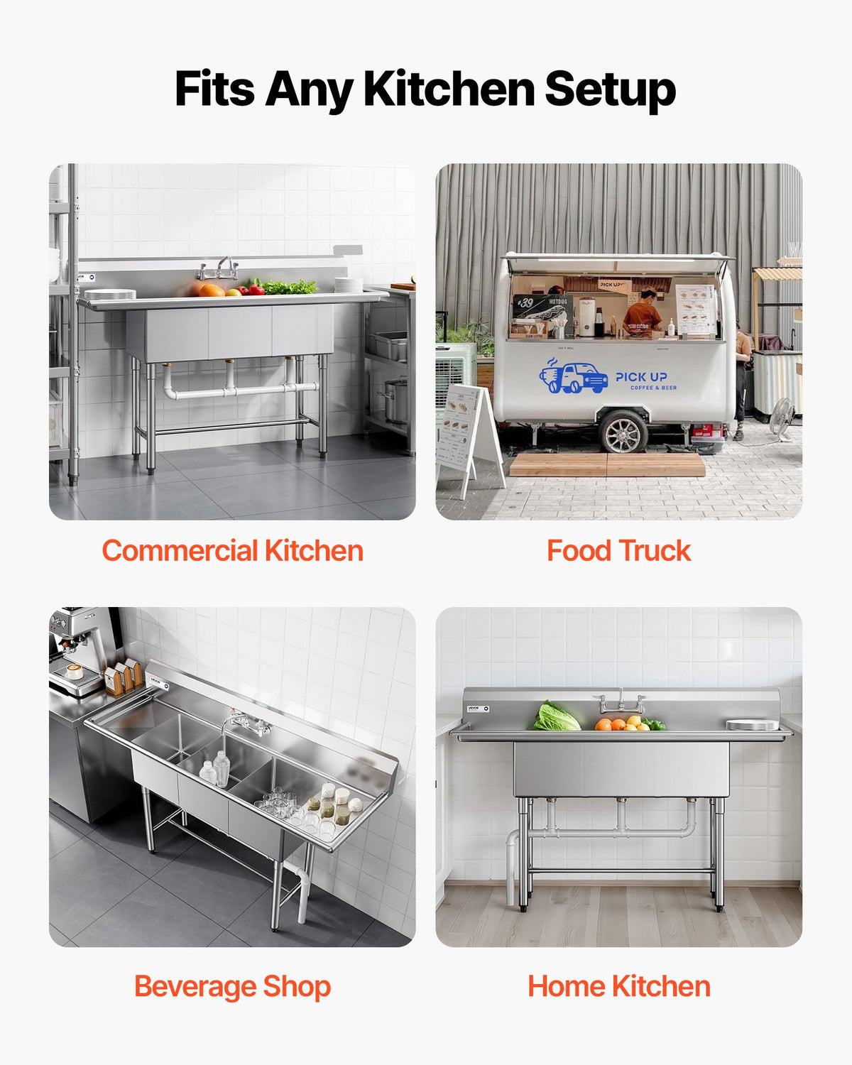 VEVOR 3 Compartment Sink, 18-Gauge 304 Stainless Steel, 14" x 16" x 11" Bowl Size, 3 Bay Commercial Kitchen Prep & Utility Sink with 2 Drainboards and Backsplash for Restaurant, Food Truck & Home Use - BXGDLSSCMSSC0BMHZ001V0 - view 7