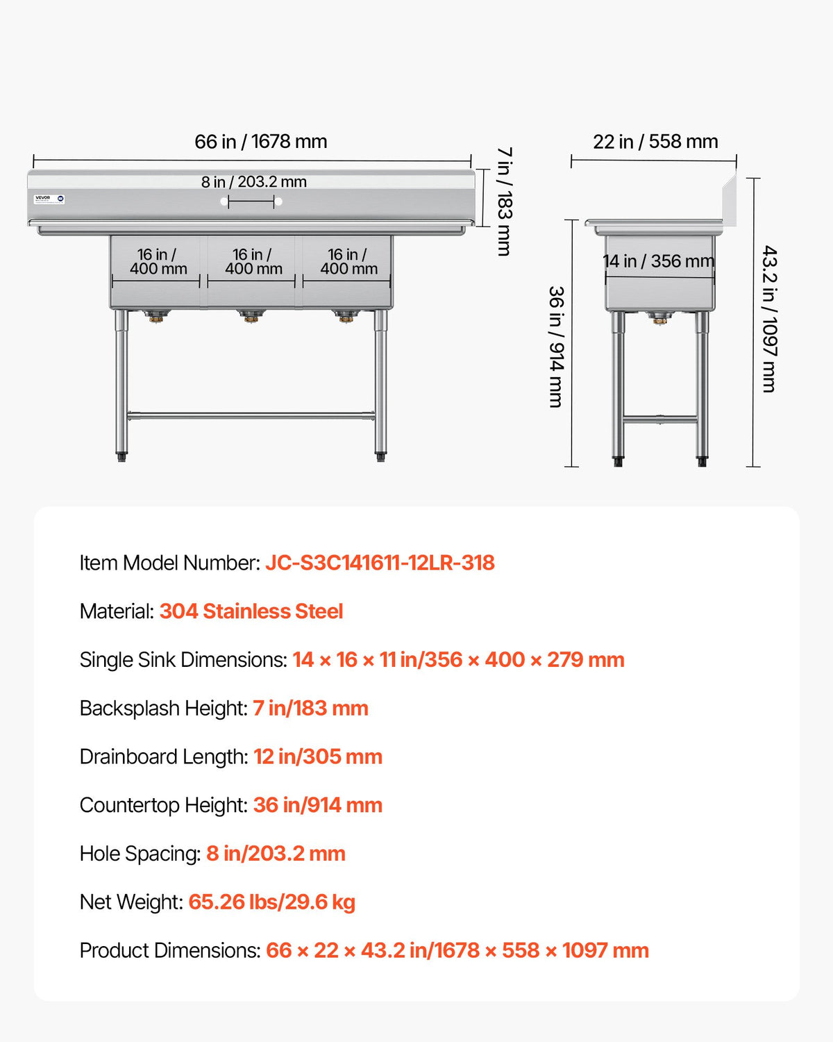 VEVOR 3 Compartment Sink, 18-Gauge 304 Stainless Steel, 14" x 16" x 11" Bowl Size, 3 Bay Commercial Kitchen Prep & Utility Sink with 2 Drainboards and Backsplash for Restaurant, Food Truck & Home Use - BXGDLSSCMSSC0BMHZ001V0 - view 8