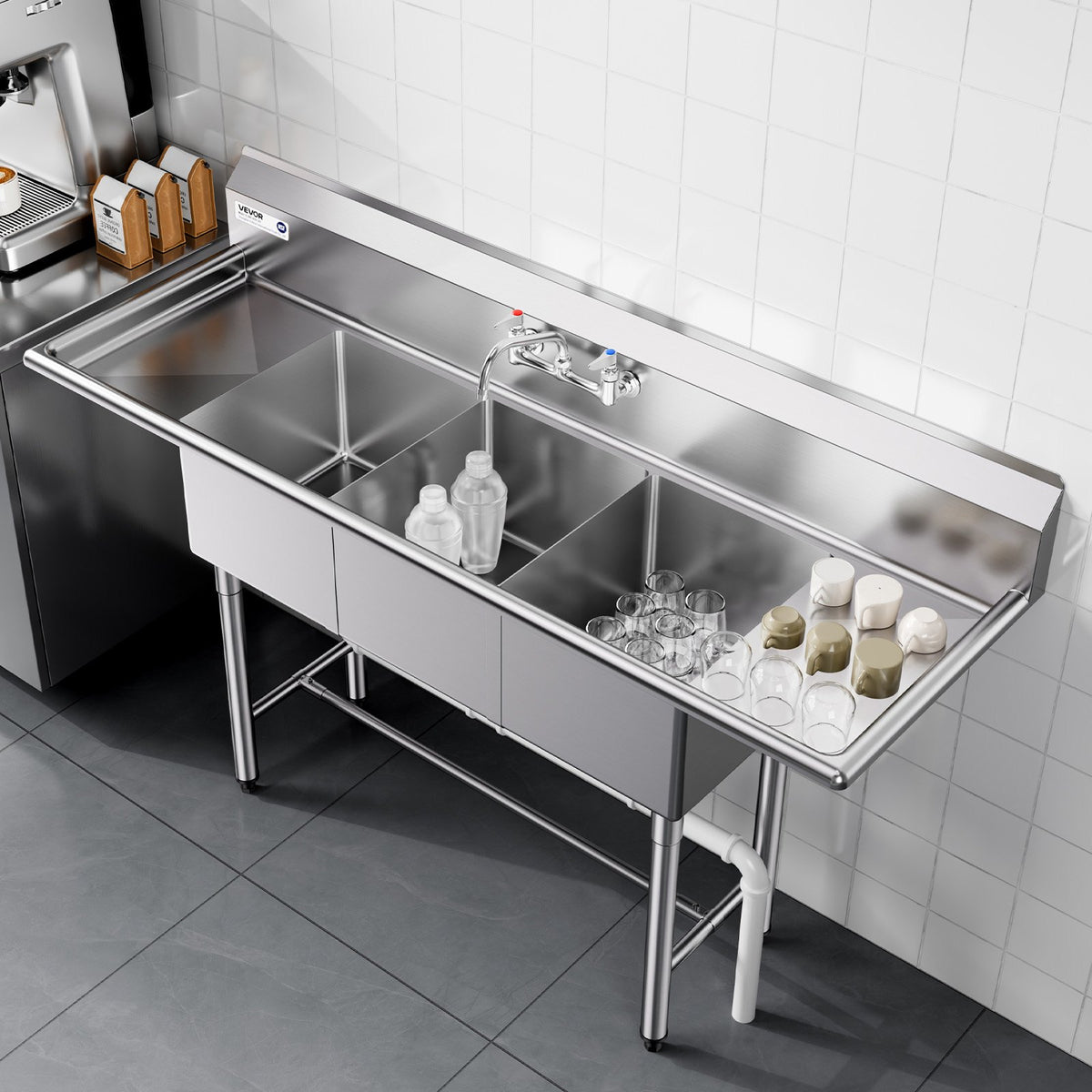 VEVOR 3 Compartment Sink, 18-Gauge 304 Stainless Steel, 14" x 16" x 11" Bowl Size, 3 Bay Commercial Kitchen Prep & Utility Sink with 2 Drainboards and Backsplash for Restaurant, Food Truck & Home Use - BXGDLSSCMSSC0BMHZ001V0 - view 9