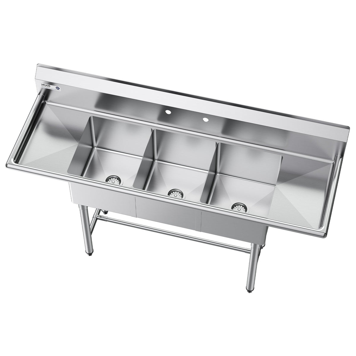 VEVOR 3 Compartment Sink, 18-Gauge 304 Stainless Steel, 14" x 16" x 11" Bowl Size, 3 Bay Commercial Kitchen Prep & Utility Sink with 2 Drainboards and Backsplash for Restaurant, Food Truck & Home Use - BXGDLSSCMSSC0BMHZ001V0 - view 10