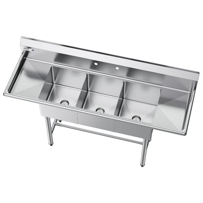 VEVOR 3 Compartment Sink, 18-Gauge 304 Stainless Steel, 14" x 16" x 11" Bowl Size, 3 Bay Commercial Kitchen Prep & Utility Sink with 2 Drainboards and Backsplash for Restaurant, Food Truck & Home Use - BXGDLSSCMSSC0BMHZ001V0 - view 10