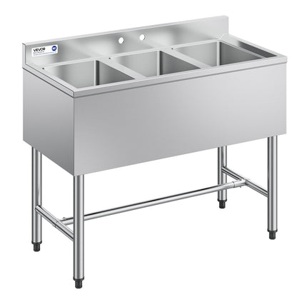 VEVOR 3 Compartment Sink, 18-Gauge 304 Stainless Steel, 10" x 14" x 10" Bowl Size, 3 Bay Commercial Under Bar Sink with Backsplash and Efficient Drainage for Kitchen, Restaurant, Food Truck & Home Use - BXGDLSSCMSSC0LHIC001V0 - view 1