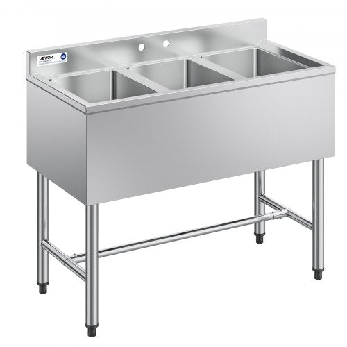 VEVOR 3 Compartment Sink, 18-Gauge 304 Stainless Steel, 10" x 14" x 10" Bowl Size, 3 Bay Commercial Under Bar Sink with Backsplash and Efficient Drainage for Kitchen, Restaurant, Food Truck & Home Use - BXGDLSSCMSSC0LHIC001V0 - view 2