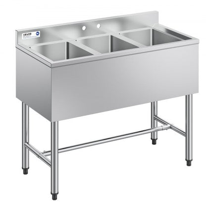 VEVOR 3 Compartment Sink, 18-Gauge 304 Stainless Steel, 10" x 14" x 10" Bowl Size, 3 Bay Commercial Under Bar Sink with Backsplash and Efficient Drainage for Kitchen, Restaurant, Food Truck & Home Use - BXGDLSSCMSSC0LHIC001V0 - view 2