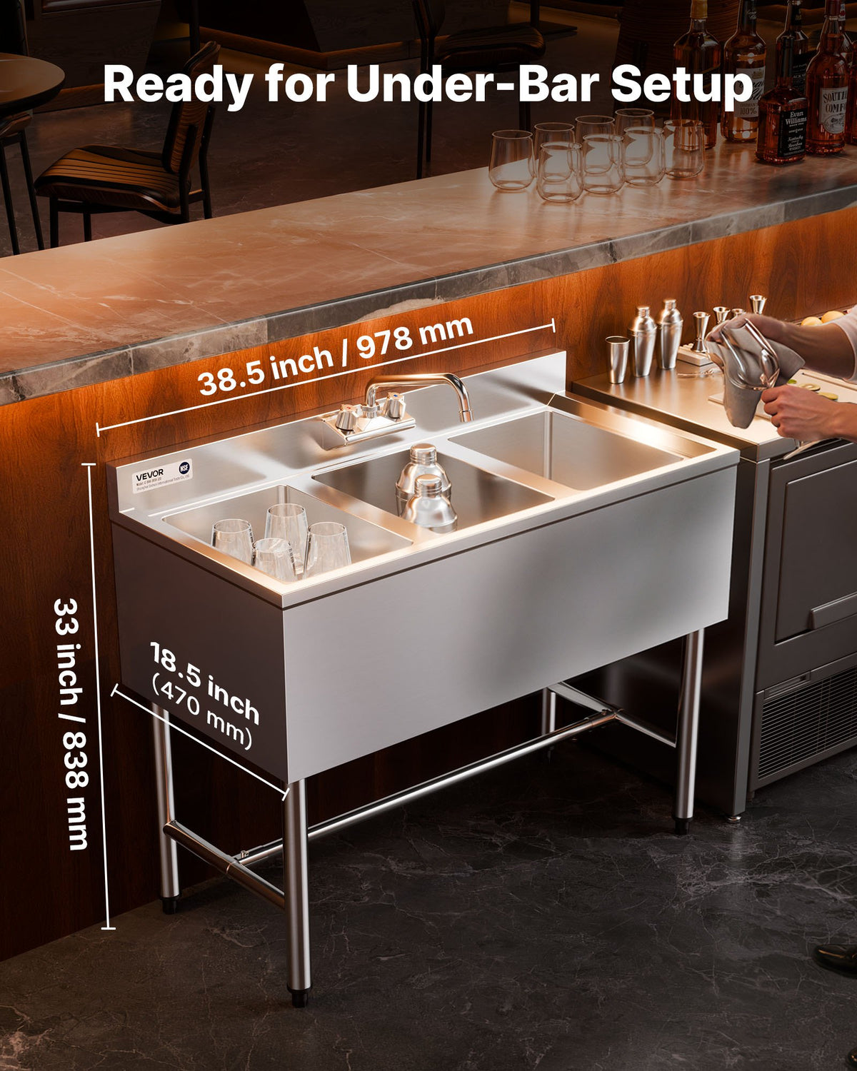 VEVOR 3 Compartment Sink, 18-Gauge 304 Stainless Steel, 10" x 14" x 10" Bowl Size, 3 Bay Commercial Under Bar Sink with Backsplash and Efficient Drainage for Kitchen, Restaurant, Food Truck & Home Use - BXGDLSSCMSSC0LHIC001V0 - view 4