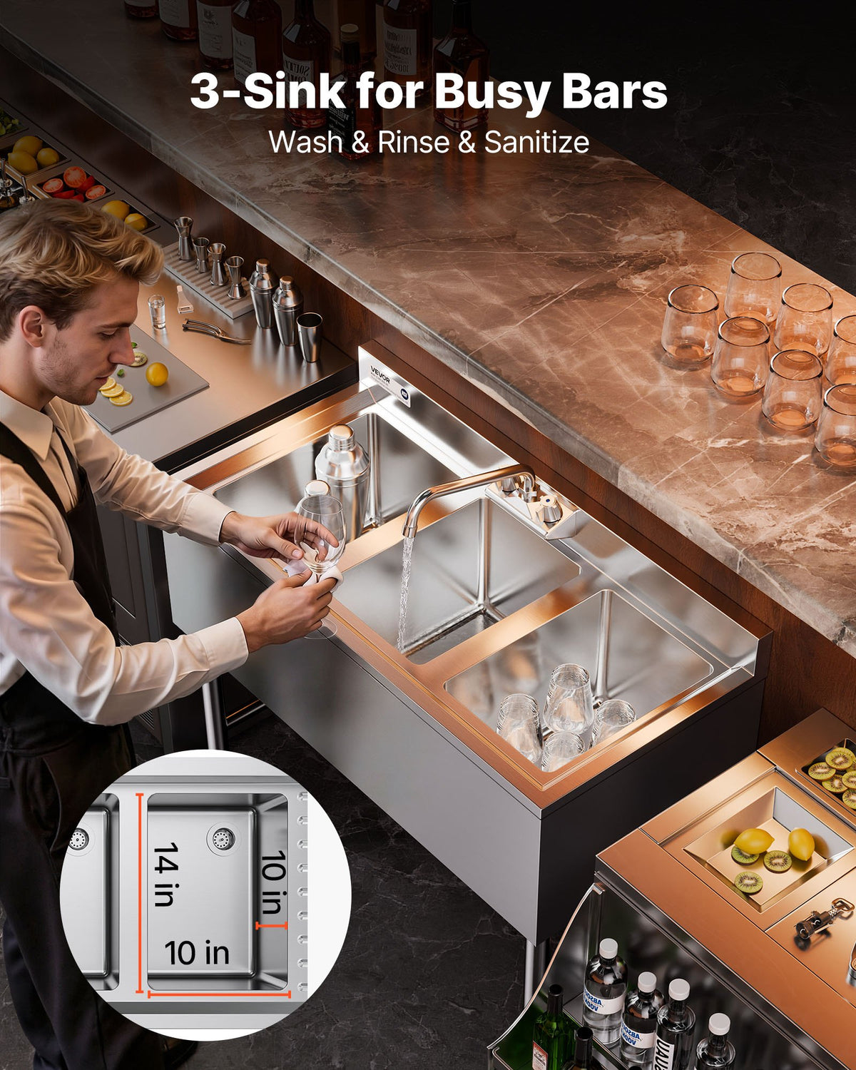 VEVOR 3 Compartment Sink, 18-Gauge 304 Stainless Steel, 10" x 14" x 10" Bowl Size, 3 Bay Commercial Under Bar Sink with Backsplash and Efficient Drainage for Kitchen, Restaurant, Food Truck & Home Use - BXGDLSSCMSSC0LHIC001V0 - view 5