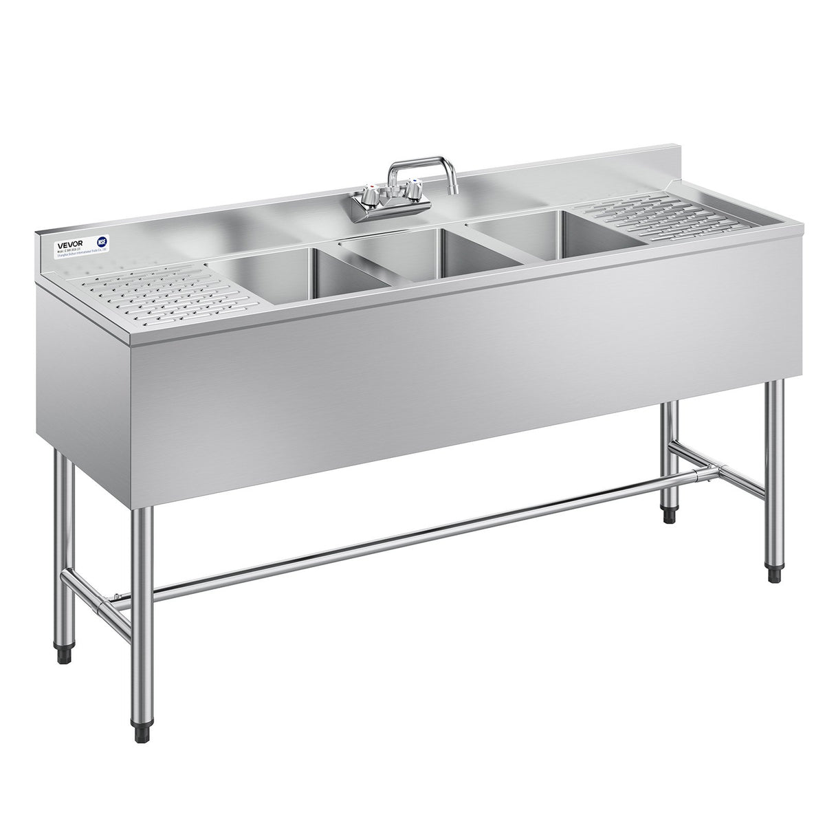 VEVOR 3 Compartment Sink, 18-Gauge 304 Stainless Steel, 10" x 14" x 10" Bowl Size, 3 Bay Commercial Under Bar Sink with Double Drainboard and Backsplash for Kitchen, Restaurant, Food Truck & Home Use - BXGDLSSCMSSCQUJRL001V0 - view 1