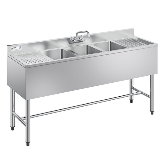 VEVOR 3 Compartment Sink, 18-Gauge 304 Stainless Steel, 10" x 14" x 10" Bowl Size, 3 Bay Commercial Under Bar Sink with Double Drainboard and Backsplash for Kitchen, Restaurant, Food Truck & Home Use - BXGDLSSCMSSCQUJRL001V0 - view 1